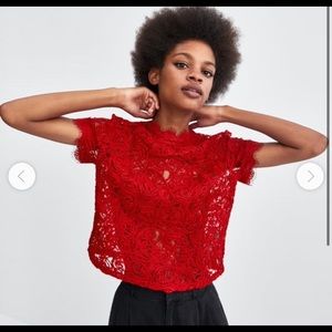Red Zara Embroidered Lace Top